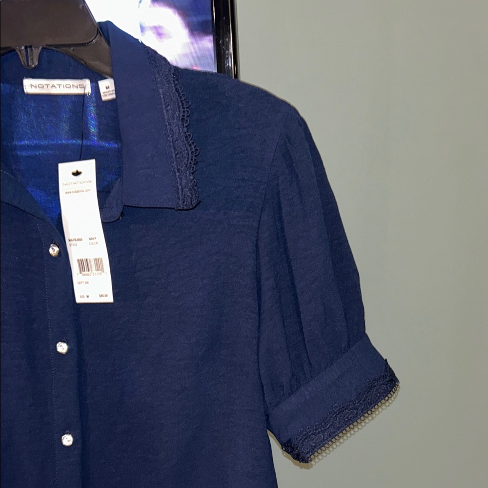 Notations Size M NWT Navy Blouse with Rhinestone Buttons embroidered neck/sleeve - Picture 5 of 5